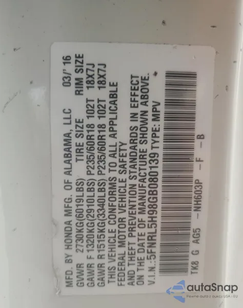 2016 Honda Odyssey Touring z USA, uszkodzony, nr VIN 5FNRL5H98GB080139